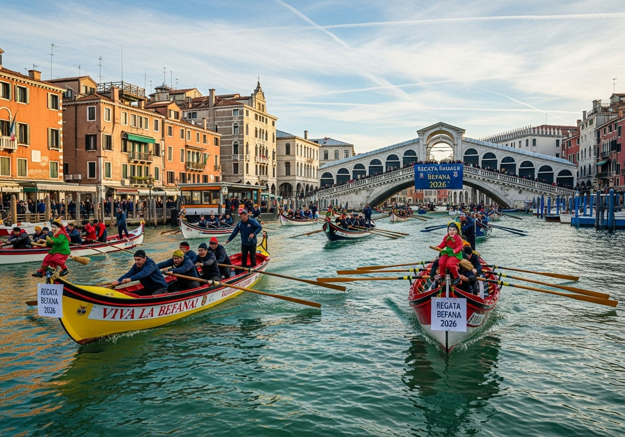 A vibrant illustration of the Regata della Befana, featuring gondoliers dressed as witches racing through the Venetian canals under a moody winter sky.